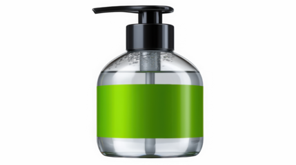 Clear gel dispenser with black pump and green label filled with product ready for branding