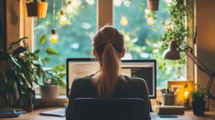 Young woman working on computer in serene home office