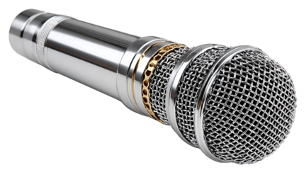 Silver Microphone on the Stage: A close-up captures the sleek design of a silver microphone. The mesh head and polished body reflect the light.