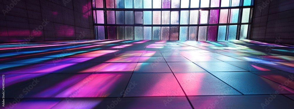 Poster colorful light reflections on floor in a modern interior with geometric patterns and abstract color 