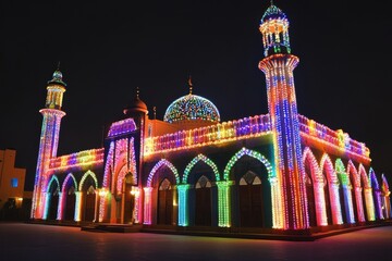 Colorful Night View of Mosque with Lights