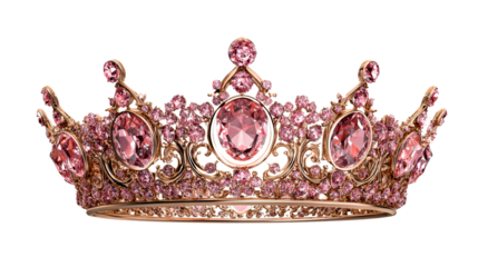 Ornate Rose Gold Tiara with Pink Gemstones and Intricate Filigree Details, cut out transparent