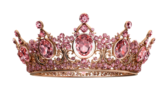 Ornate Rose Gold Tiara with Pink Gemstones and Intricate Filigree Details, cut out transparent
