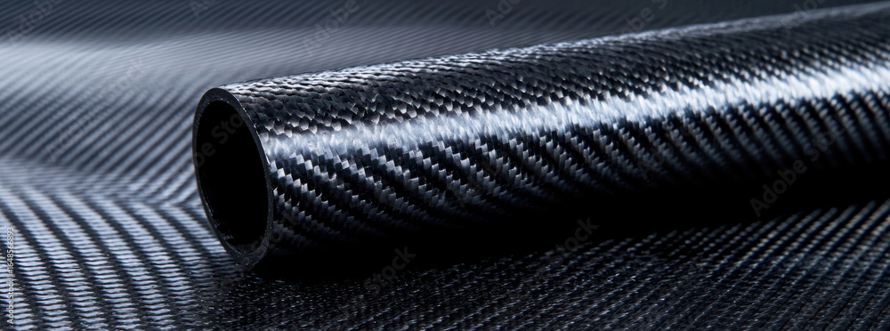 Poster close up view of a carbon fiber tube with intricate weave pattern and shiny surface against a dark b