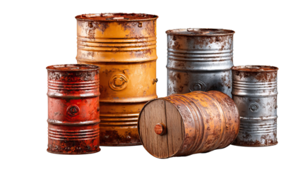 Rusty Barrels: A weathered collection of vintage barrels showcases a spectrum of colors, textured with rust, emphasizing the passage of time and the effects of industrial use. 