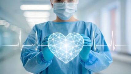 Doctor holding digital heart with medical technology overlay