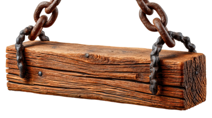 Wooden Plank with Chains: Close-up shot of a weathered wooden plank suspended by heavy, rusty chains, evoking a sense of rustic charm and industrial history.