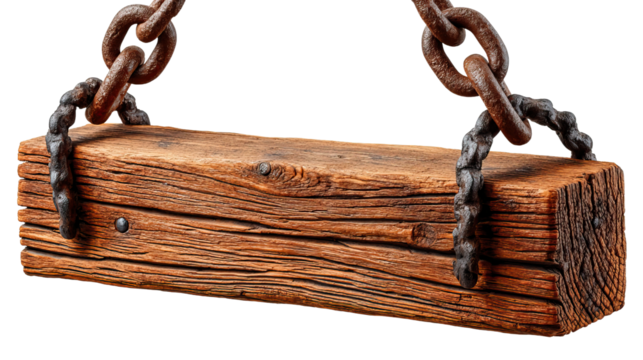 Wooden Plank with Chains: Close-up shot of a weathered wooden plank suspended by heavy, rusty chains, evoking a sense of rustic charm and industrial history.