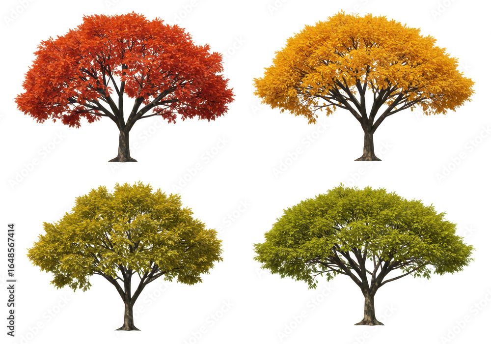 Poster four trees in different autumn colors isolated on transparent background