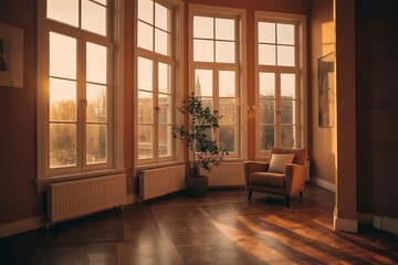 Fototapeta premium Warm sunlight streaming through large windows illuminating a cozy, inviting living room with armchair and plant