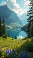 Serene lake surrounded by majestic mountains and wildflowers