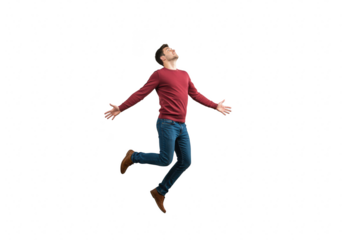 Happy man jumping in the air isolated on transparent background