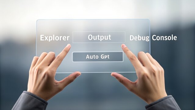 Hands interacting with a futuristic transparent touchscreen interface for software development