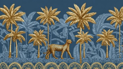 Tropical border with a leopard and palm trees