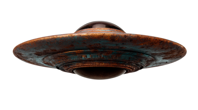 Weathered Rusty Flying Saucer with Dark Glass Dome, cut out transparent