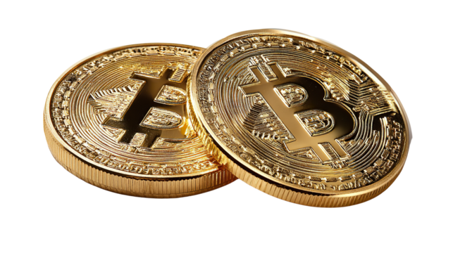Golden Bitcoin: Capturing the essence of digital currency, two gold-colored Bitcoin coins gleam, representing the future of finance and the decentralized revolution.