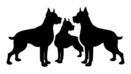 Three black silhouette dogs standing side by side in a group on a white background in a simple style | editable eps vectors