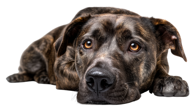 Close-up portrait of a brindle dog lying down with amber eyes, cut out transparent