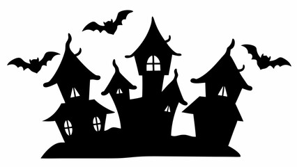 Silhouette of a spooky haunted house with bats flying around on a white background halloween theme | editable eps vectors