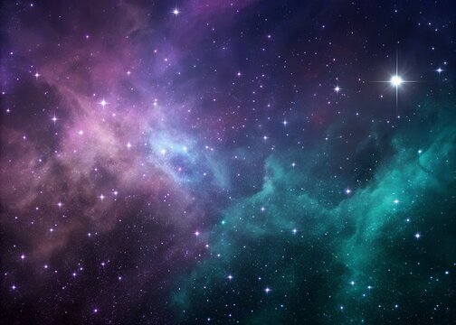 Abstract astronomy design with radiant purple nebula clouds, shining starburst, black galaxy sky, and glowing universe elements forming a cosmic space background full of light, energy, and infinity.