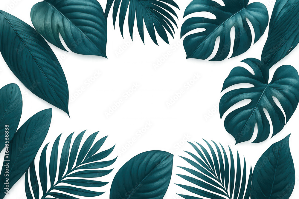 Poster tropical leaves creating a frame border on a transparent background, perfect for adding a touch of e