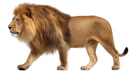  Majestic Lion: A striking, side-profile portrait of a lion in all its regal glory, walking with confidence and purpose. showcasing the raw power and inherent beauty of this apex predator. 