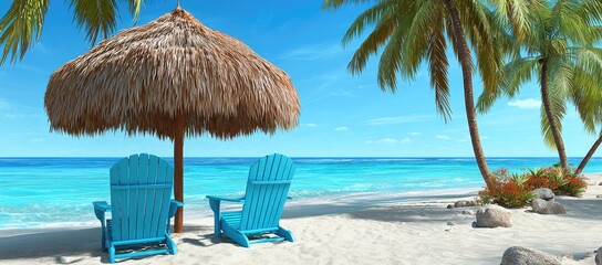 Tropical beach scene with blue Adirondack chairs and a thatched umbrella