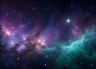 Naklejka premium Cosmic night sky background with black and purple nebula clouds, bright stars, glowing galaxy blaze, and scattered universe lights forming a stunning astronomy-inspired abstract design illustration.