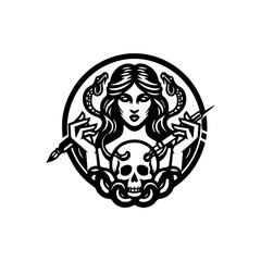 Medusa Tattoo Artist with Snakes Skull and Tattoo Guns in Black Silhouette.