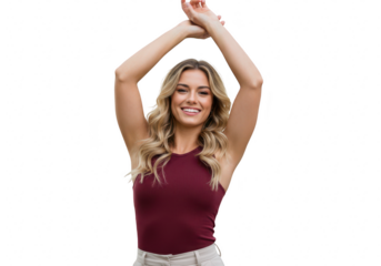 Happy woman with arms raised in celebration isolated on transparent background
