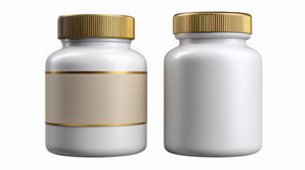 White plastic supplement bottles with golden caps one labeled and one blank isolated on white