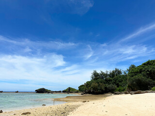 Tropical Beach Landscape with Blue Sky and Green Coastal Hills