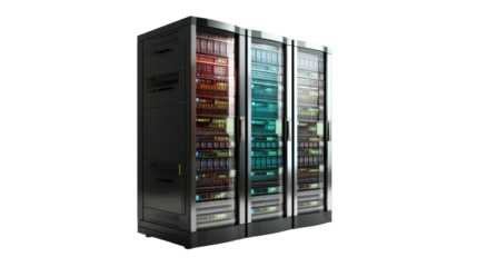 Modern server racks with illuminated equipment and glass doors in a data center, cut out transparent