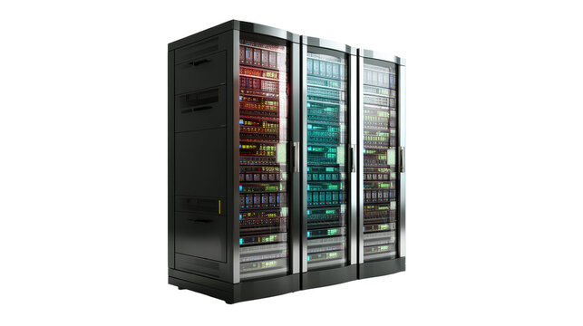 Modern server racks with illuminated equipment and glass doors in a data center, cut out transparent