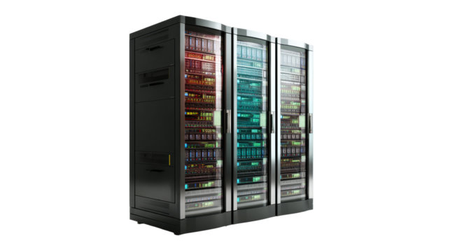 Modern server racks with illuminated equipment and glass doors in a data center, cut out transparent
