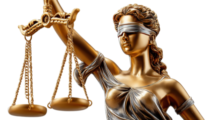 Justice in Gold: A close-up of a striking gold statue of Lady Justice, blindfolded and holding the scales, radiating strength and impartiality in legal matters.