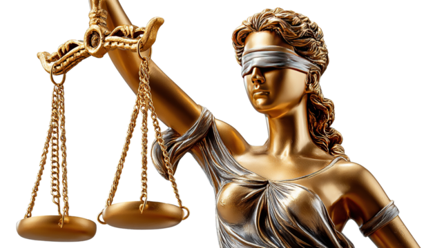 Justice in Gold: A close-up of a striking gold statue of Lady Justice, blindfolded and holding the scales, radiating strength and impartiality in legal matters.