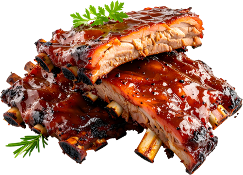 Stack of glazed pork ribs with a shiny barbecue sauce finish, garnished with fresh parsley and rosemary sprigs, isolated on a white background.