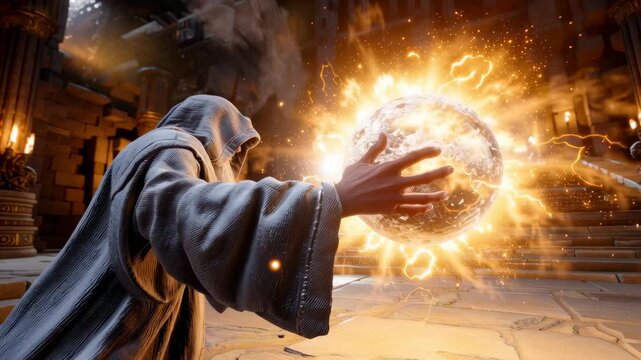 Video game screenshot of a wizard casting a powerful energy spell in a magical realm.