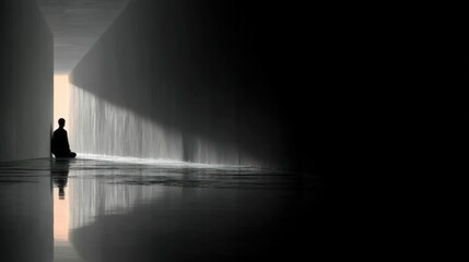 Obraz premium Silhouette of a man sitting alone in a corridor, symbolizing emotional distress and solitude