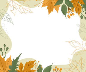 Autumn outline and colored fall plants and leaves background Green and yellow