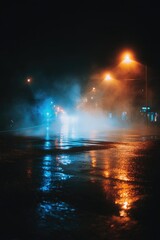 Blurry night street scene, fog, wet road