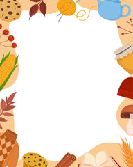 Cozy fall background with autumn elements Kettle cookies corn sweatwe cap honey jar