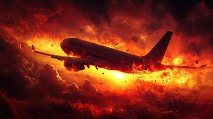 burning airplane crashes in fiery sky. Digital artwork depicting disaster.
