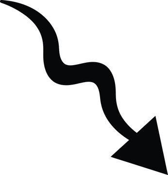 Curved arrow pointing downward isolated on white background, representing direction, decline, and decrease in a simple and abstract design with a clean white backdrop