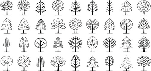 Doodle Collection of Various Trees Black and White Sketch Style Artistic Tree Silhouettes for Design Elements and Creative Projects