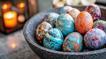 Fototapeta premium Dyed Eggs in a Bowl with Candles