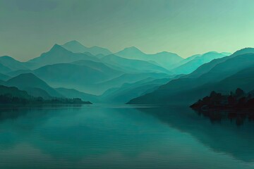 Tranquil teal mountains mirroring on a serene lake