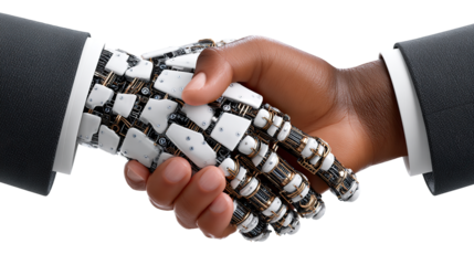 AI Integration: A businessman shakes hands with a robot, representing the integration of human expertise and artificial intelligence in the business world.