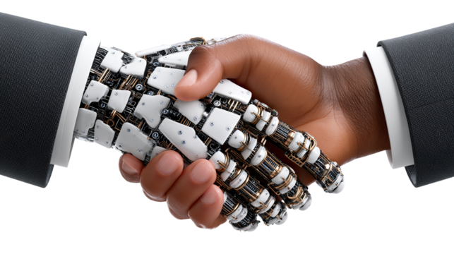 AI Integration: A businessman shakes hands with a robot, representing the integration of human expertise and artificial intelligence in the business world.